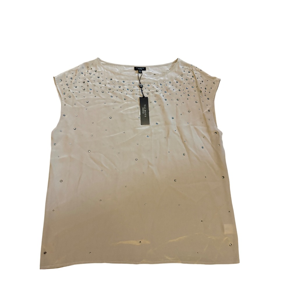 Talbots Silk Rhinestone Embellished Shell Blouse Champagne Beige Sleeveless M